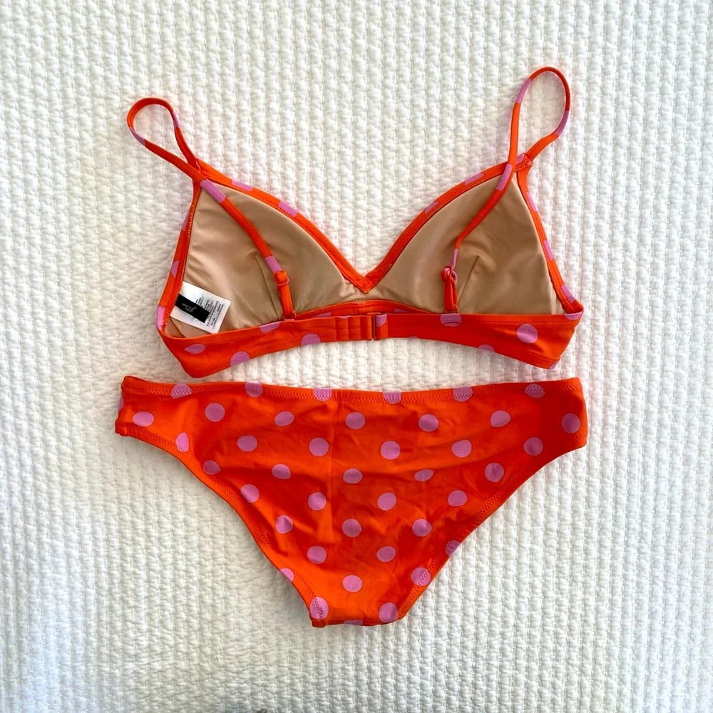 J. Crew Bikini, Orangey Red with Pink Polka Dots, Size Small - Picture 2 of 5